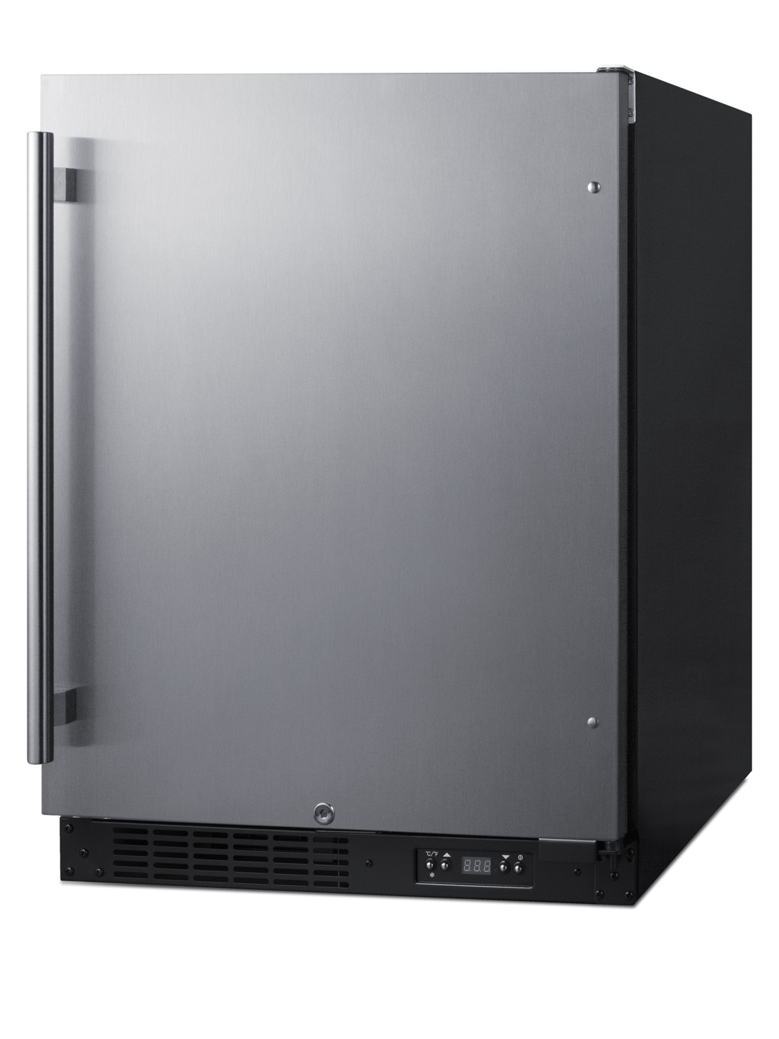 Built-in undercounter ADA compliant frost-free all-freezer with stainless steel door, black cabinet, door storage, lock, and digital controls